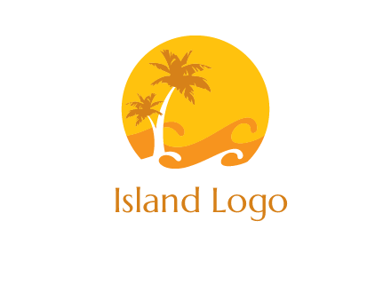 sun logo with palm trees and waves in front