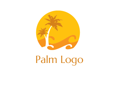 sun logo with palm trees and waves in front