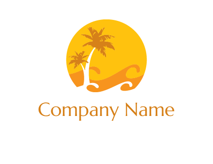 sun logo with palm trees and waves in front