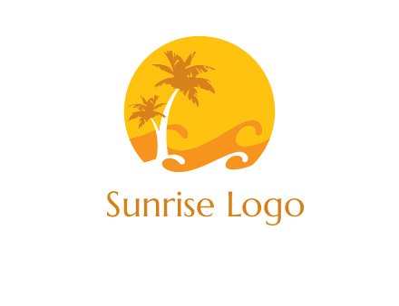 sun logo with palm trees and waves in front