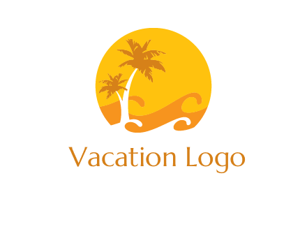 sun logo with palm trees and waves in front