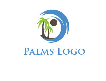 blue brush stoke or waves around sun and palm trees logo