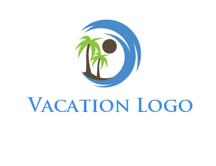 blue brush stoke or waves around sun and palm trees logo