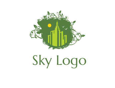 city skyline inside a nest with vines logo