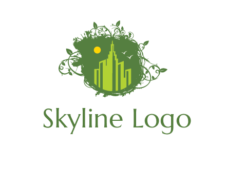 city skyline inside a nest with vines logo