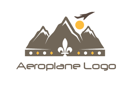 crown made of mountains with flying airplane logo