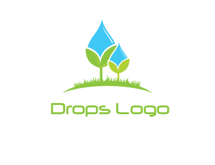 water drop merge with plant over grass logo