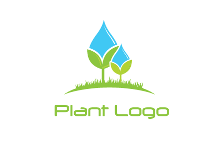 water drop merge with plant over grass logo