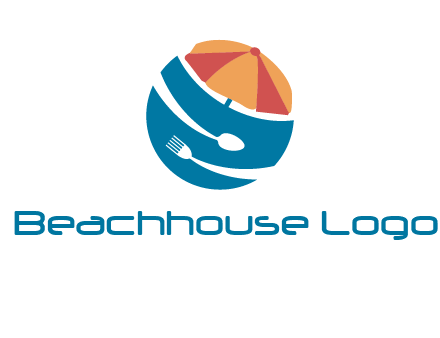 beach umbrella, fork and spoon in a circle logo