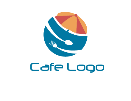 beach umbrella, fork and spoon in a circle logo