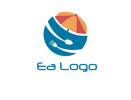 beach umbrella, fork and spoon in a circle logo