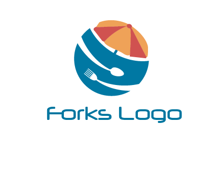 beach umbrella, fork and spoon in a circle logo