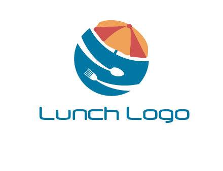 beach umbrella, fork and spoon in a circle logo