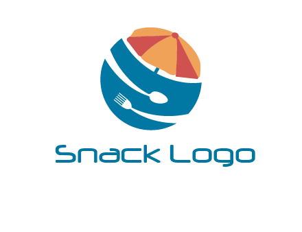 beach umbrella, fork and spoon in a circle logo