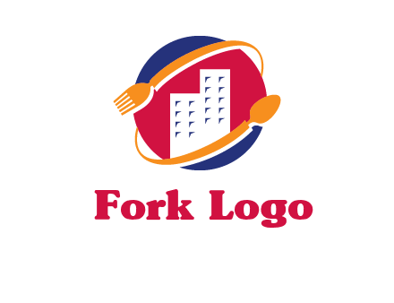 fork spoon and building in circle logo