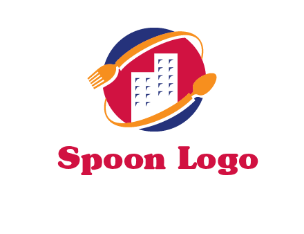 fork spoon and building in circle logo