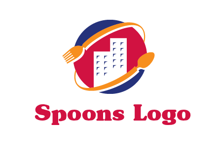 fork spoon and building in circle logo